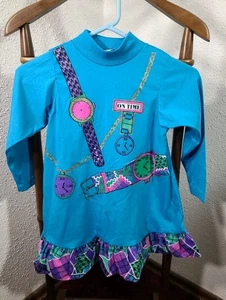 Vintage 80er Le Maj Minikleid Patchwork Borte Uhr Motiv Mädchen Größe 6 Made in USA  - Bild 1 von 10