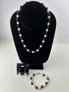 14k Gelbgold Perle & Onyx Halskette Armband und Ohrringe Set signiert CP - Bild 1 von 12