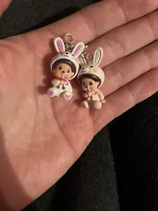 Monchichi Rabbit Pink White Mini Figure Keychains 2x - Picture 1 of 1