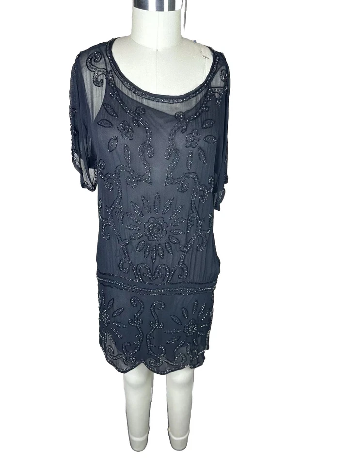 Vestido Anna Sui Negro Chifón Cristal Adorno Cuentas Talla M Foto 1 de 4