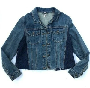 Free People Denim Jacket Lace Side Panel Navy Blue Jean Button Up OB466877 - Picture 1 of 4