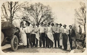 Real Photo  Men in Ties Waiter aprons Hats & Old car Horse  Vintage Postcard   - Picture 1 of 2
