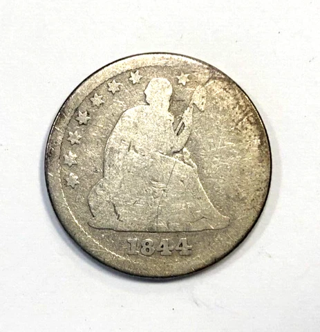 1844 Drapery Seated Liberty Silver Quarter AG About Good Condition Cover
