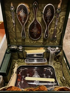 Juego de tocador de viaje inglés de plata 925 + frasco de cadera G & J W. Hawksley - Imagen 1 de 20