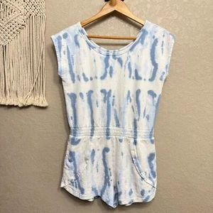 ATHLETA GIRL Blue White Tye Dye Retreat Yourself Romper Pockets Cut Out Sz 16 - Picture 1 of 11