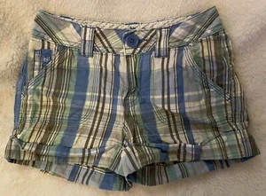Justice Girls Shorts Size 8 Slim Roll Up Olive /Light Blue / White Plaid Sparkle - Picture 1 of 4