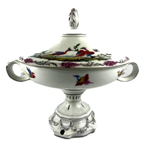 ANTIQUE PORCELAIN HAND PAINTED PEDESTAL TUREEN WITH LID FLORAL WITH BIRDS - Picture 1 of 14