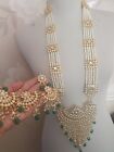Indian Jewelry Set Rani Haar Mala Pearls Necklace Earrings Teeka Tikka Headpiece