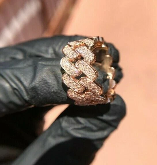 Anillo de eslabones cubanos Miami de diamantes simulados de 2 quilates enchapados en oro rosa de 14 k en plata Foto 1 de 4