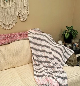 Handmade CROCHETED Baby Blanket Pink White Gray Striped Fringed Afghan Throw 49” - Picture 1 of 5