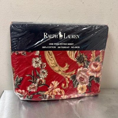 Vtg RALPH LAUREN Country DANIELLE FLORAL RED Twin Size Flat Sheet NEW Cotton - Image 1 of 4