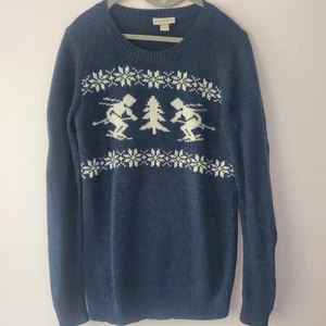 Loft Woman's Blue Knit Sweater With Skiing Winter Snowflakes Print Sz S Holiday - Picture 1 of 10