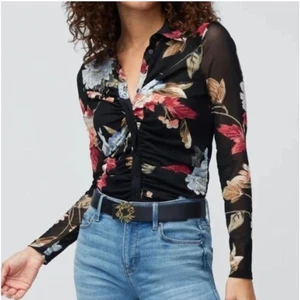 EUC White House Black Market Black Floral Mesh Ruched Long Sleeve Top M - Picture 1 of 8