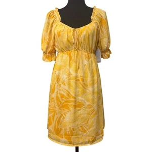 19Cooper Leaf Print Yellow Chiffon Sweatheart Neckline Empire Waist Lined Small - Picture 1 of 9