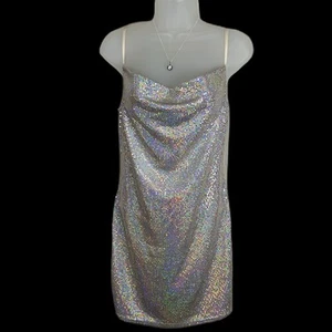 Thirty Thirty LA Womens Sequin Slip Dress Sz M Cowl Neck Silver Swiftie Hoco EUC - Picture 1 of 13