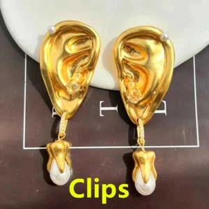 Schiaparelli Inspired Ear Tooth Anatomy Pearl Gold Plated Clip Earings - Picture 1 of 10
