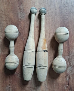 Antique Vintage Wooden Dumbbell Hand Weights Exercise Primitive Juggling Clubs - Picture 1 of 7