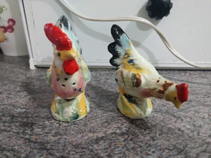 Vintage Colorful Rooster and Hen Salt And Pepper Shakers - Picture 1 of 4