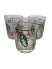 Vtg Culver Holly Leaves Rocks Glass Holiday Christmas Low Ball Glasses Set of 3