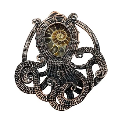 Ammonite Fossil Wire Wrapped Octopus Pendant Handcrafted Copper Holiday 3.23" - Image 1 of 4