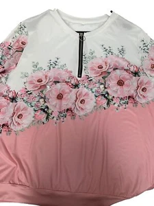 Ladies Top ￼Rose Print On Top Solid  Color Below 1/4 Zipper Neckline Long Sleeve - Picture 1 of 6