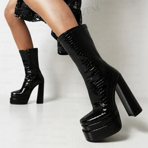 Women Calf Boots Side Zip Platform Block Thick High Heels Boots Lady Shoes Woman - Picture 1 of 9