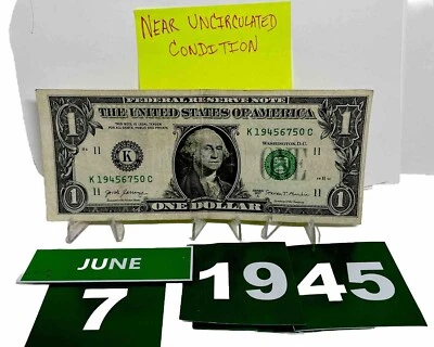 One Dollar Bill Birthday June 7 1945 . Near Uncirculated. Fancy Serial Number - Image 1 of 4