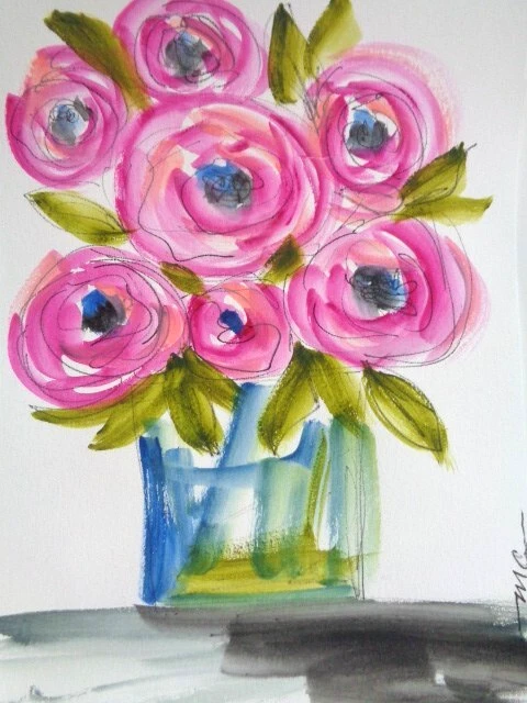 Original  BRIGHT PRETTY FLOWERS FLORAL  Still Life  Watercolor Painting  ART - Image 1 of 1