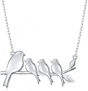 925 Sterling Silver Family Bird Necklace 4 Birds on Branch Pendant Gifts for Mom - Picture 1 of 7