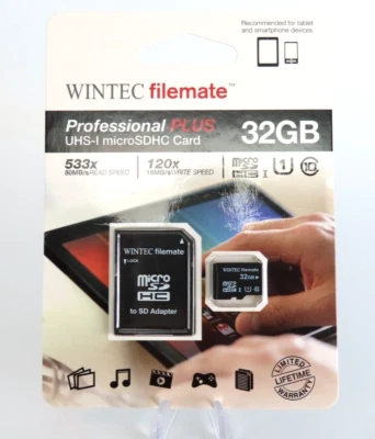 New Wintec Filemate Professional microSDHC Card 32GB w/ Adapter Sealed - Image 1 of 4