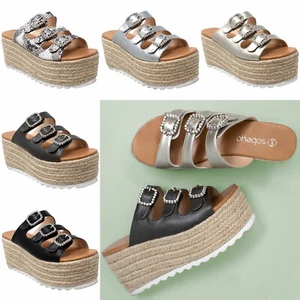 Womens Platform Sandals Wedge Flatform Slip On Rhinestone Accent Espadrilles - Picture 1 of 17