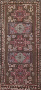Vintage Dark Brown Ardebil Geometric Runner Rug 4'x10' Handmade Wool Tribal Rug - Picture 1 of 12
