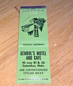 Vintage GEMBOL'S MOTEL & CAFE Streichholz Cover COLUMBUS Nebraska Hi-Way 81 & 30 - Bild 1 von 4