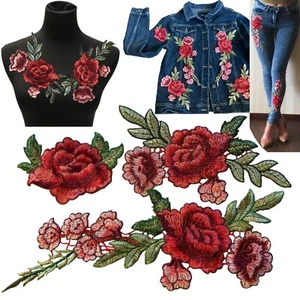 Rose Sew on patches combine size red flower blossom embroidery with leaves patch - Picture 1 of 8