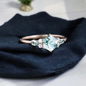 14k Yellow Gold 7x5 mm Hexagon Cut Moss Agate Diamond Cluster Engagement Ring - Picture 1 of 15