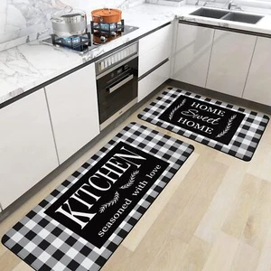 Black and White Buffalo Plaid Kitchen Rugs Set of 2 Farmhouse Kitchen Quotes ... - Picture 1 of 9
