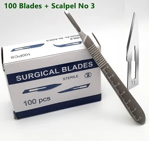 Box of 100 Scalpel Blades #11 + Stainless Steel Reusable Handle No 3 Graduated - Picture 1 of 3