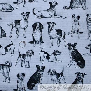 BonEful Fabric FQ Cotton Quilt White Black B&W Scenic Dog Breed Terrier Hound US - Picture 1 of 12