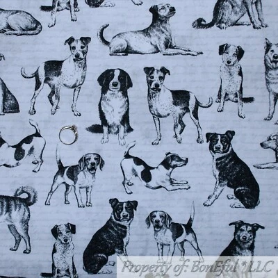 BonEful Fabric FQ Cotton Quilt White Black B&W Scenic Dog Breed Terrier Hound US - Image 1 of 4