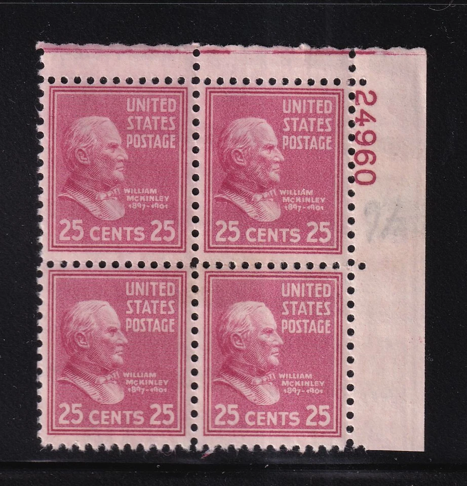1938 PREXY William McKinley 25c Sc 829 MNH plate block OF 4 (DH - Image 1 of 1
