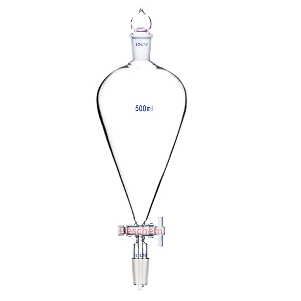 500ml 24/40 Glass Pyriform Separatory Funnel Chemistry Pear Shape PTFE Stopcock  - Image 1 of 1