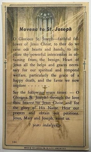 Novena a San José, Tarjeta de Oración del Santo Devocional 1952 de colección. - Imagen 1 de 3