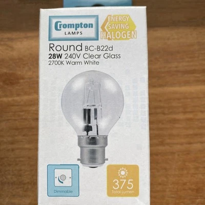 Crompton 28w (eqv-37w) Dimmable Clear Round Golf Halogen warm white BC B22 - Image 1 of 4