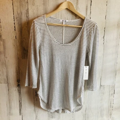 Nuevo con etiquetas Top tejido de mezcla de algodón de lino tres puntos XS blanco roto negro a rayas semi transparente Foto 1 de 4