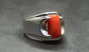Natural Deep Red Coral Sterling Silver 925 Handmade Plain Marjaan Mens Ring - Picture 1 of 11