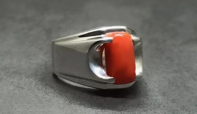 Natural Deep Red Coral Sterling Silver 925 Handmade Plain Marjaan Mens Ring - Image 1 of 4