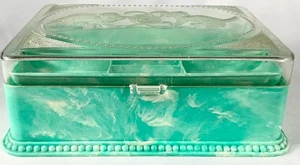 Vintage Hommer Jewelry Sewing Box Hinged Green Marbled Plastic Cats Kittens GUVC - Picture 1 of 8