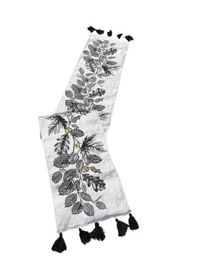 Black & White Large Table Runner With Floral Design And Tassels - Image 1 of 4