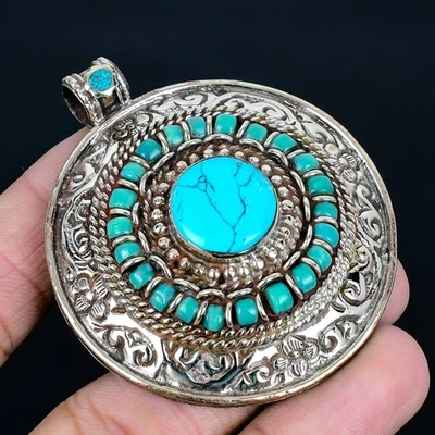 Turquesa hecho a mano bohemio 925 plata esterlina tibetano nepalí colgante 2,... - Imagen 1 de 4