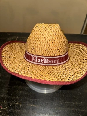 Boné de sol vintage Marlboro tecido palha chapéu cowboy marrom faixa vermelha - Imagem 1 de 4